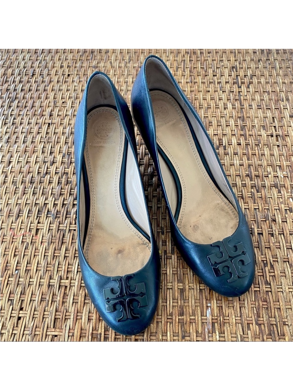 Tory Burch Sophie Black Leather Wedge Heels, size 10